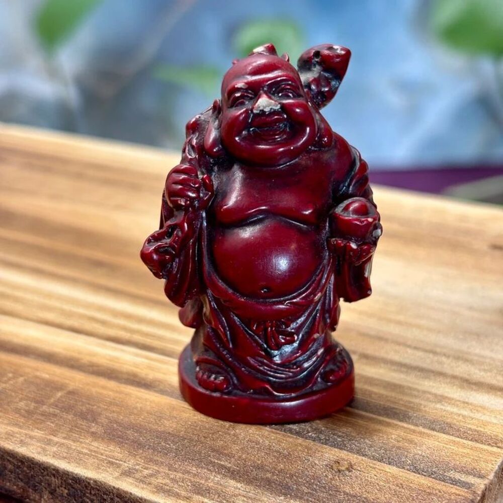(Chipped) VTG Lucky Laughing Buddha Miniature Figurine Feng Shui Red Resin